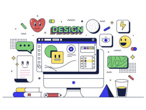 Colorful vector illustration of a computer monitor surrounded by design tools and icons, representing graphic design work.