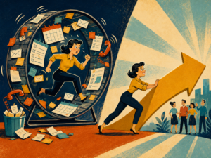 A split-concept illustration featuring the same woman in two scenarios: on the left, she is running anxiously inside a giant hamster wheel covered in sticky notes, calendars, and emails; on the right, she steps out onto a bright path to confidently push a large gold upward-pointing growth arrow forward toward a team of smiling people.