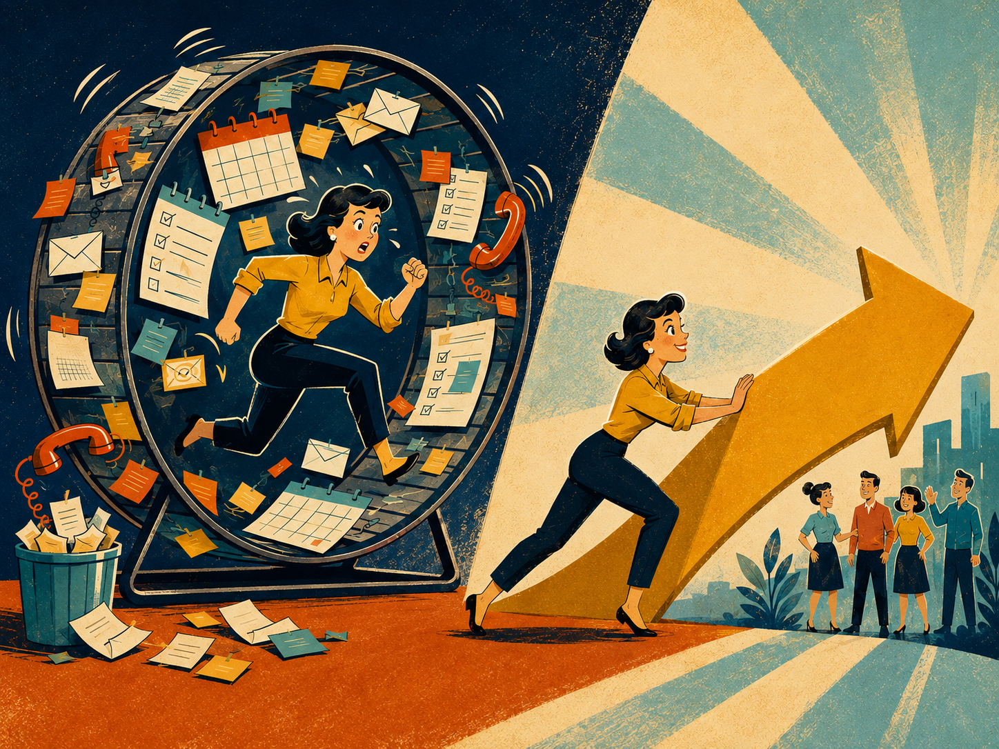 A split-concept illustration featuring the same woman in two scenarios: on the left, she is running anxiously inside a giant hamster wheel covered in sticky notes, calendars, and emails; on the right, she steps out onto a bright path to confidently push a large gold upward-pointing growth arrow forward toward a team of smiling people.