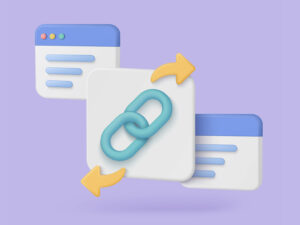 The image is a 3D illustration showing a turquoise chain link with circular arrows connecting two website interface windows on a purple background.