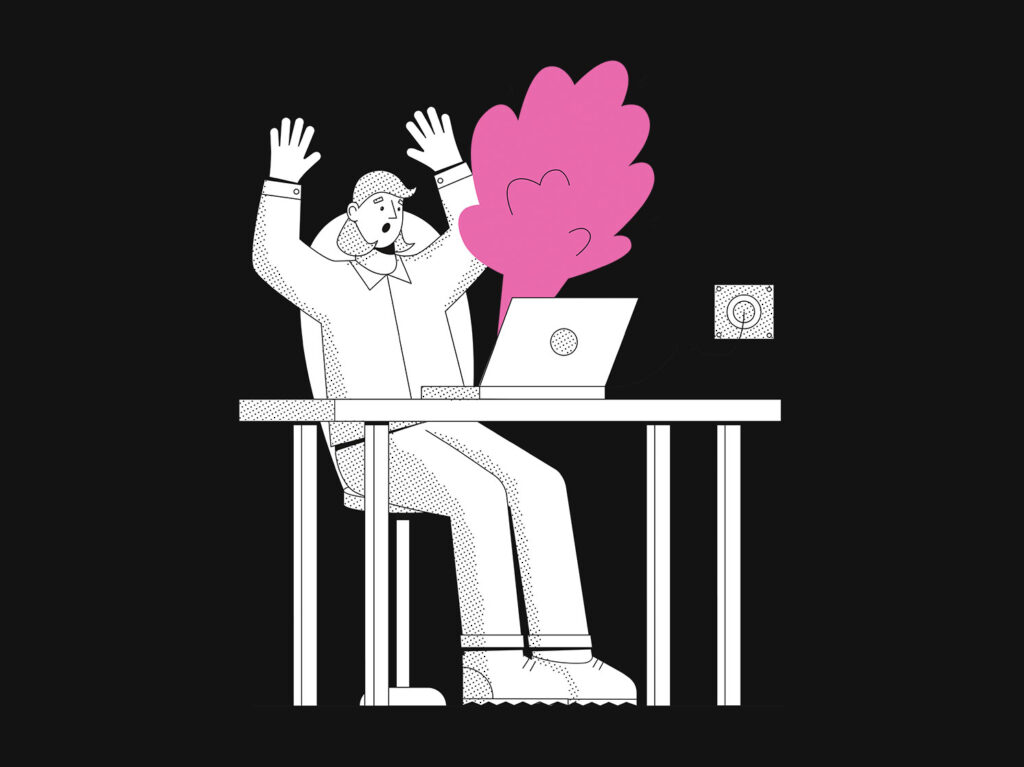 An illustration of a person sitting at a desk threw their hands up in surprise and frustration as a bright pink cloud bursts out of their open laptop screen.
