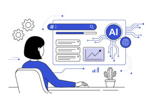 Illustration of a woman working at a desk using AI technology and automated tools to manage digital marketing and analytics.