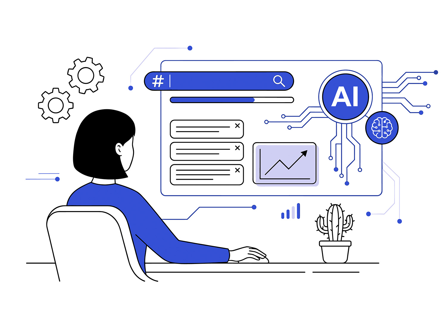 Illustration of a woman working at a desk using AI technology and automated tools to manage digital marketing and analytics.
