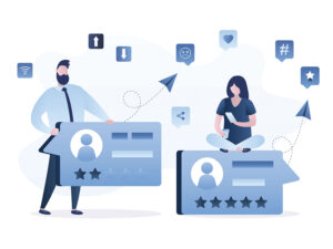 Illustration comparing a 2-star business profile with low ratings to a 5-star customer review profile with high engagement.