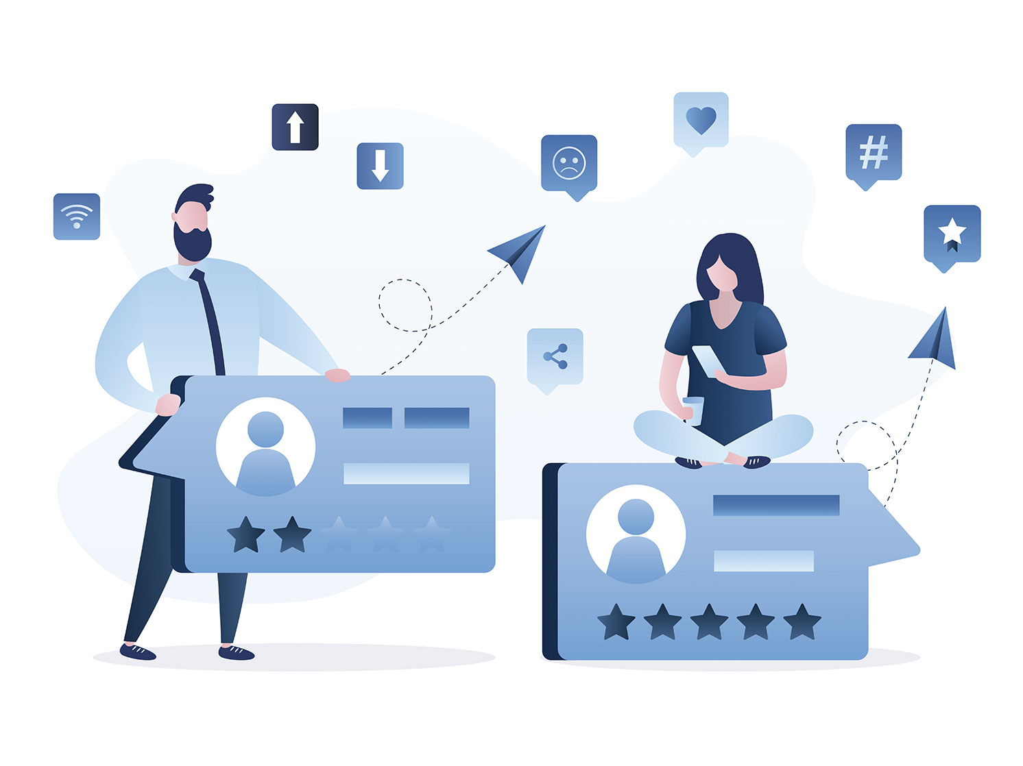Illustration comparing a 2-star business profile with low ratings to a 5-star customer review profile with high engagement.