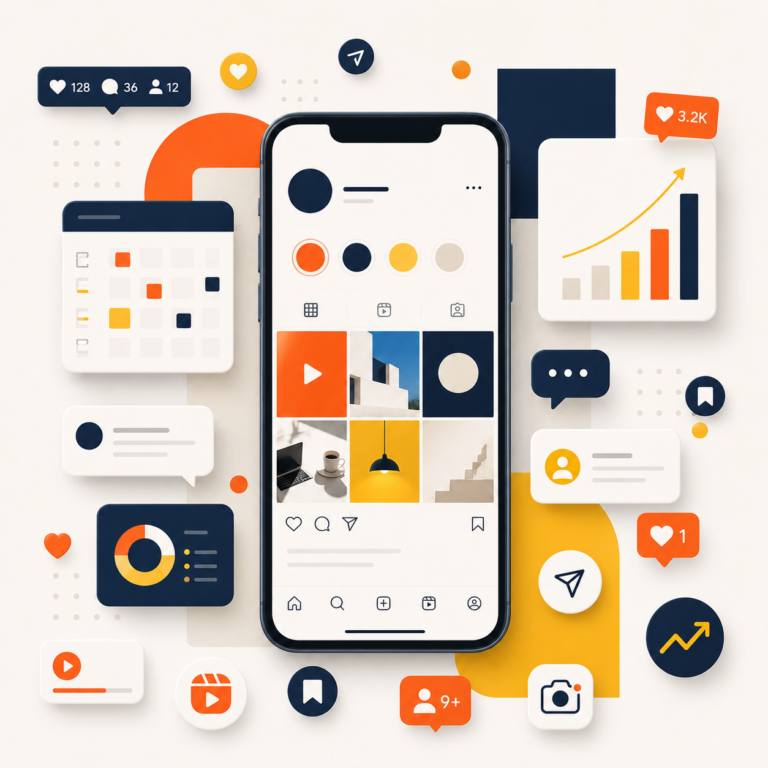 Flat lay illustration of a smartphone displaying a social media feed surrounded by Moxie analytics widgets, content scheduling calendars, and engagement metric icons.
