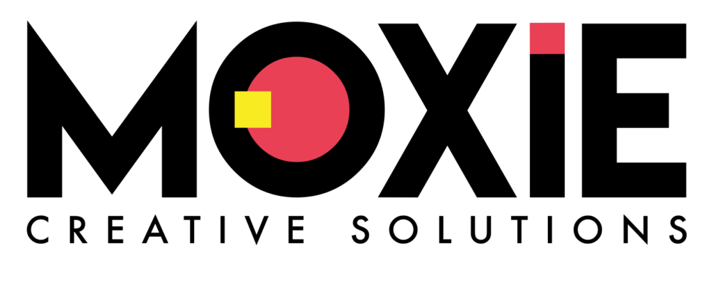 Moxie Creative Solutions company logo featuring bold black lettering with a red dot and yellow square inside the 'O' and a red dot on the 'I'.