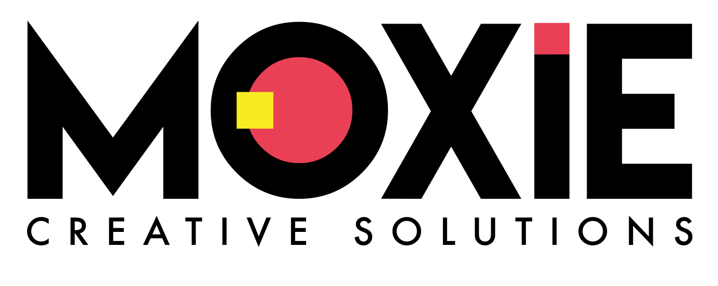 Moxie Creative Solutions company logo featuring bold black lettering with a red dot and yellow square inside the 'O' and a red dot on the 'I'.