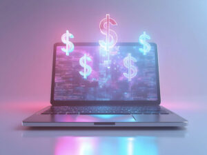 Laptop displaying 3D glowing dollar signs hovering over the screen with vibrant pink and blue neon lighting, symbolizing online sales growth and high marketing ROI.