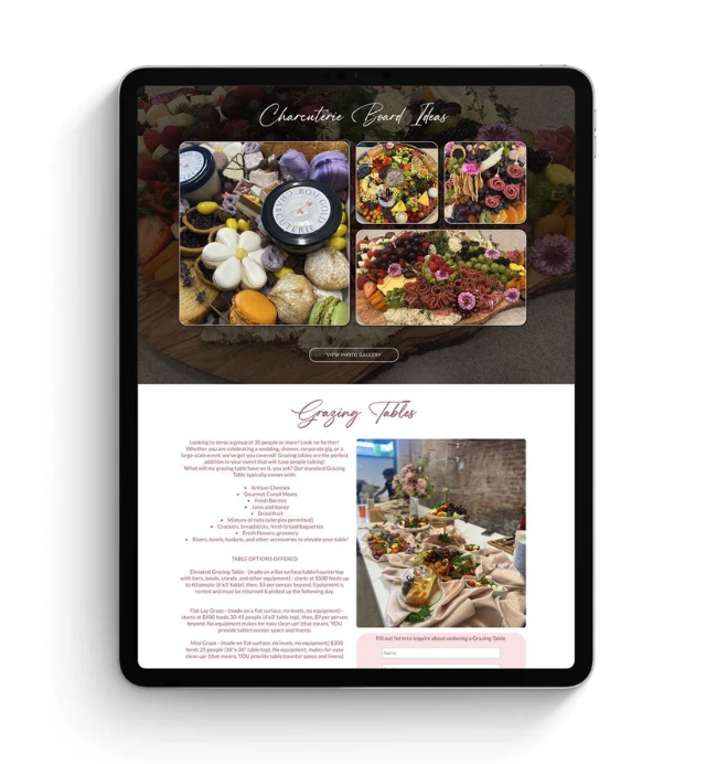 Rose Gold Charcuterie website displayed on a tablet, featuring charcuterie board ideas and grazing table services.