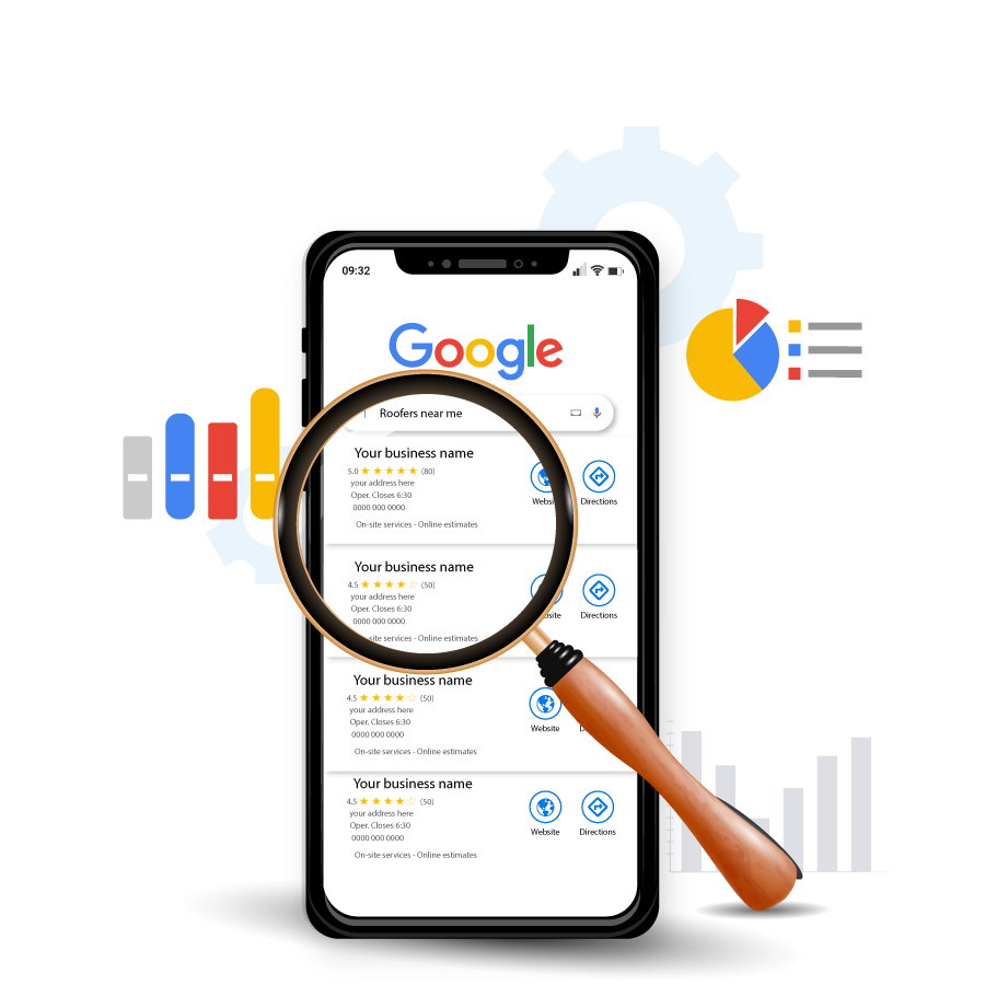 Graphic illustration of a smartphone screen showing Google local search results for "Roofers near me" with business listings and star ratings, highlighted by a magnifying glass alongside bar charts and a pie chart.
