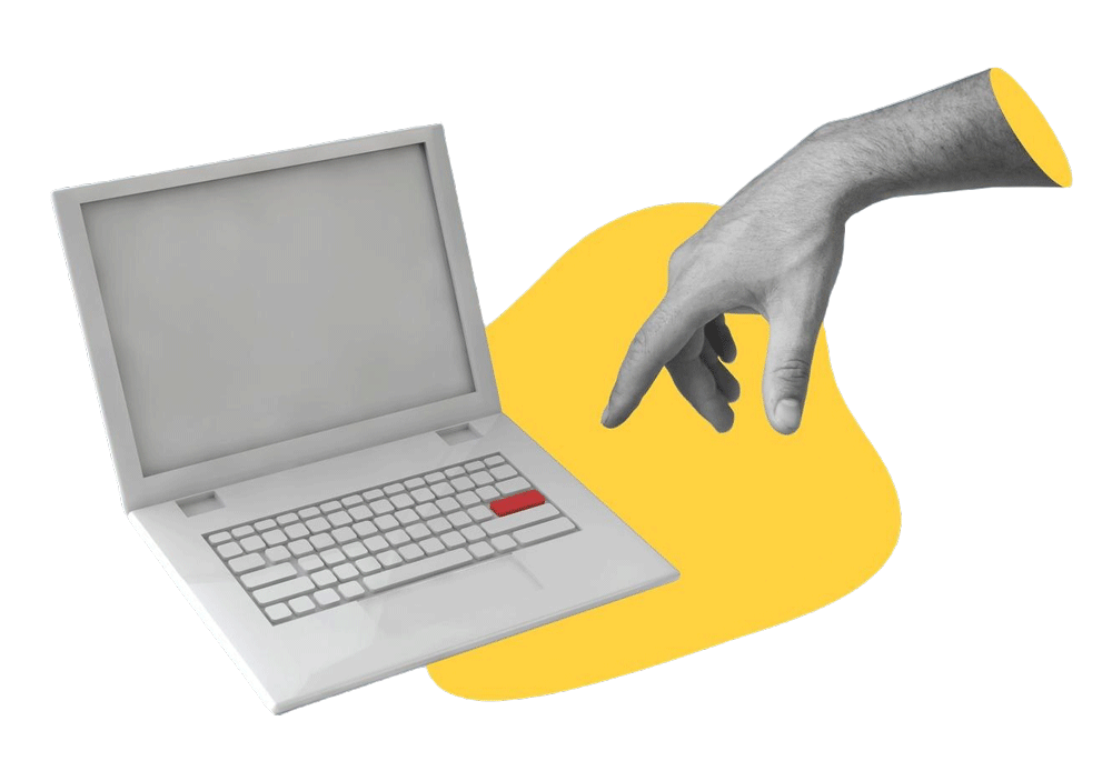 Surreal graphic collage of a monochrome hand reaching down toward a retro laptop over a bright yellow organic shape with a transparent background.