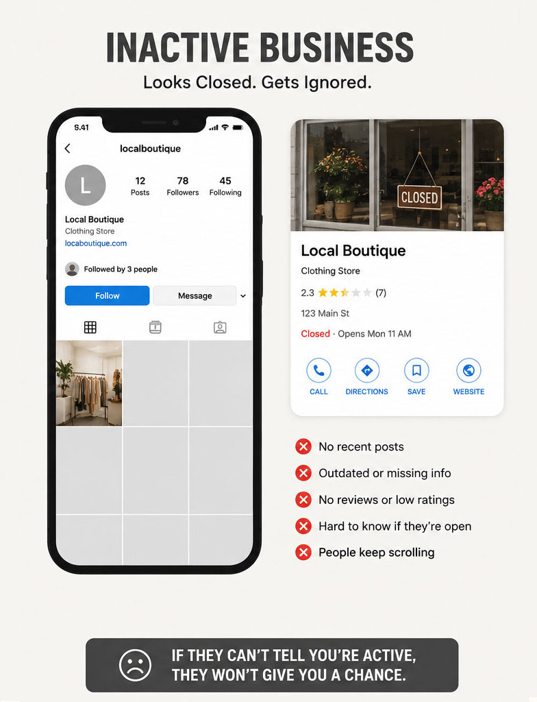 Graphic titled Inactive Business displaying an inactive social media profile and low-rated search listing, highlighting common pitfalls like no recent posts, low ratings, and missing info.