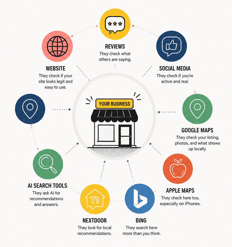 An infographic illustrating eight digital channels customers use to research local businesses, centered around a storefront icon labeled "Your Business."