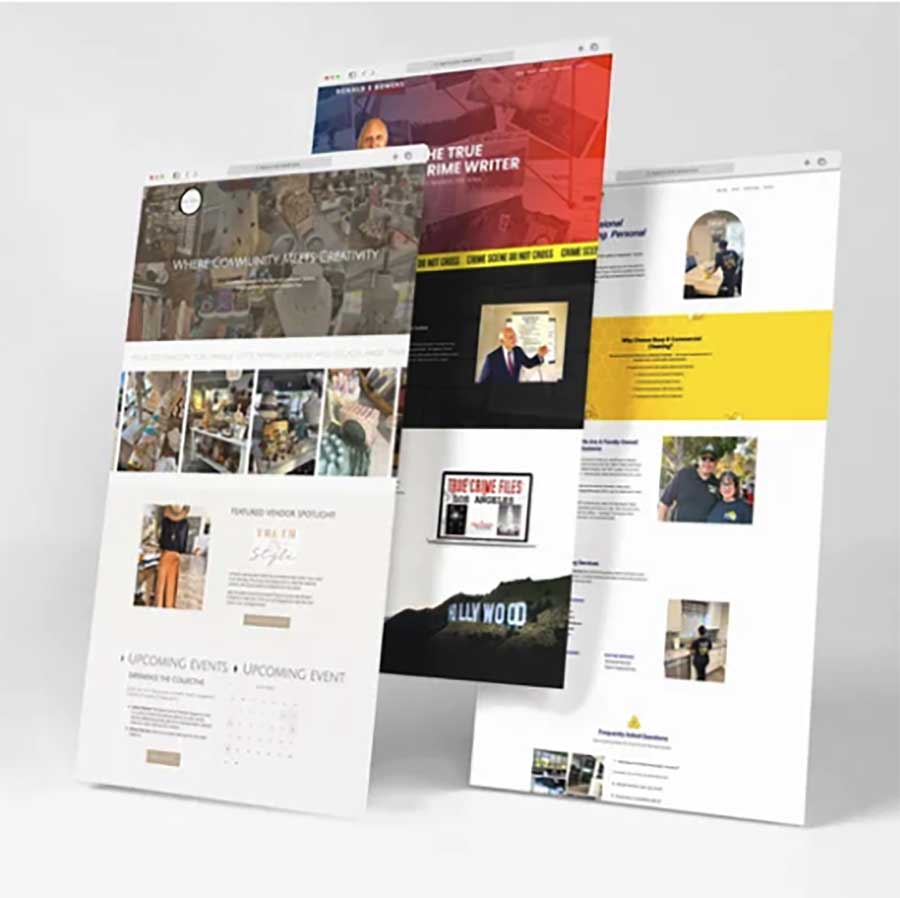 3D perspective mockup showcasing three custom website layout designs floating on a clean white background.