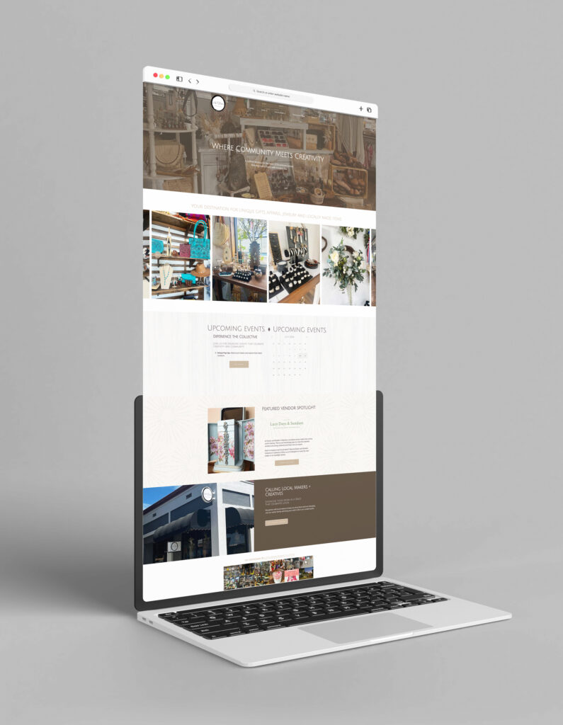 Extended full-page website design mockup for Rustic and Modern Collective displayed scrolling vertically out of a open laptop screen.