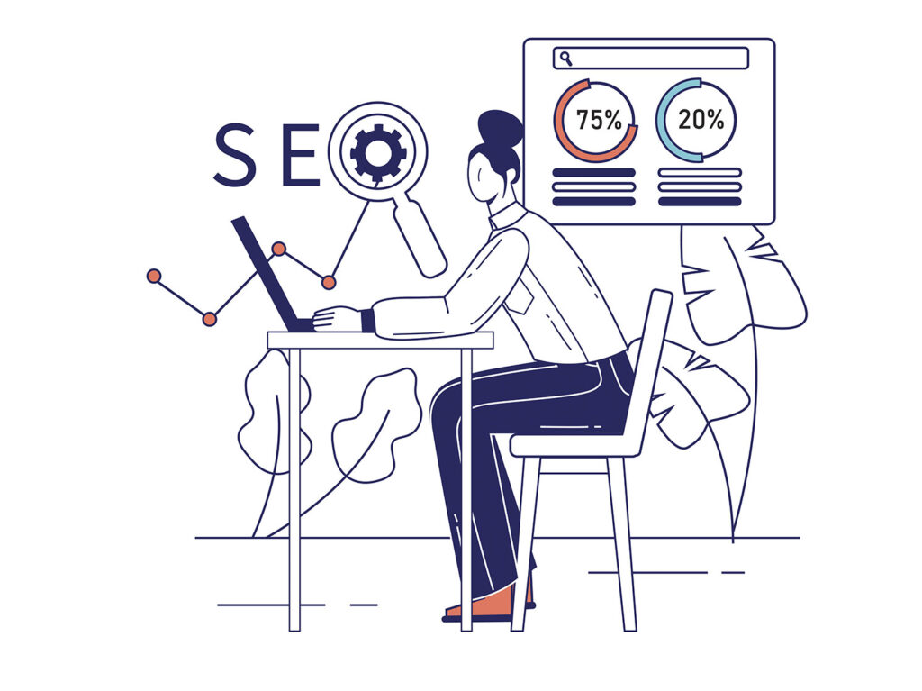 Vector illustration of search engine optimization (SEO) analysis and web performance tracking.