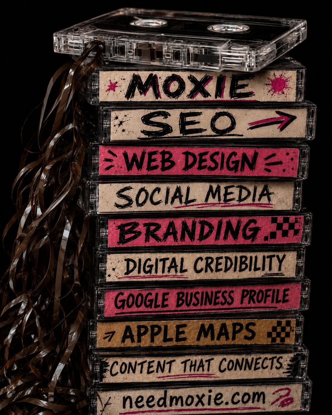Stack of cassette tapes labeled with Moxie digital marketing services, including SEO, web design, social media, Google Business Profile, Apple Maps, and AI visibility.