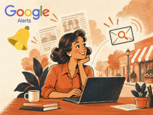 google-alerts-small-business-monitoring-illustration - Moxie Creative Solutions Illustration of a smiling small business owner working on a laptop with the Google Alerts logo, a notification bell, and an email search icon overhead.
