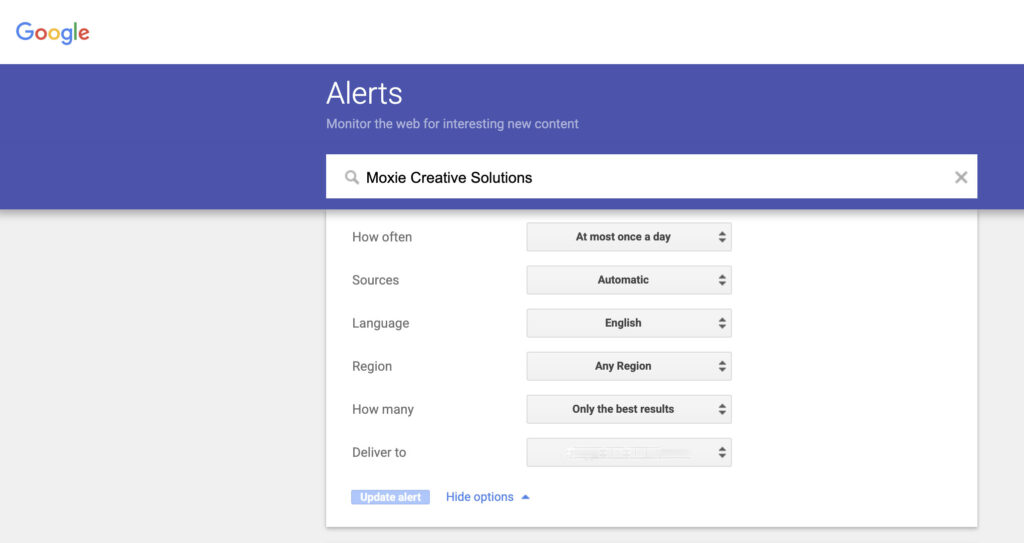 google-alerts-setup-example-moxie-creative-solutions - Moxie Creative Solutions Google Alerts dashboard options showing a search query for "Moxie Creative Solutions" configured for daily delivery.