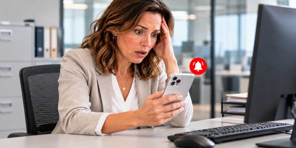 overwhelmed-small-business-owner-phone-notifications - Moxie Creative Solutions Overwhelmed business woman looking stressed at her smartphone at a desk with a glowing red notification bell.