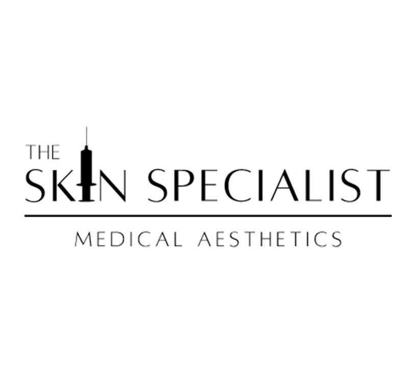 Logo for The Skin Specialist Medical Aesthetics featuring a syringe silhouette integrated into the word SKIN.