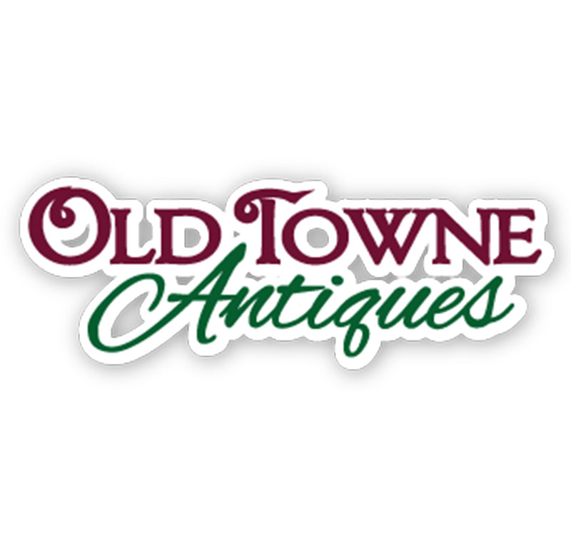 Old Towne Antiques logo in burgundy and green script text on white outline